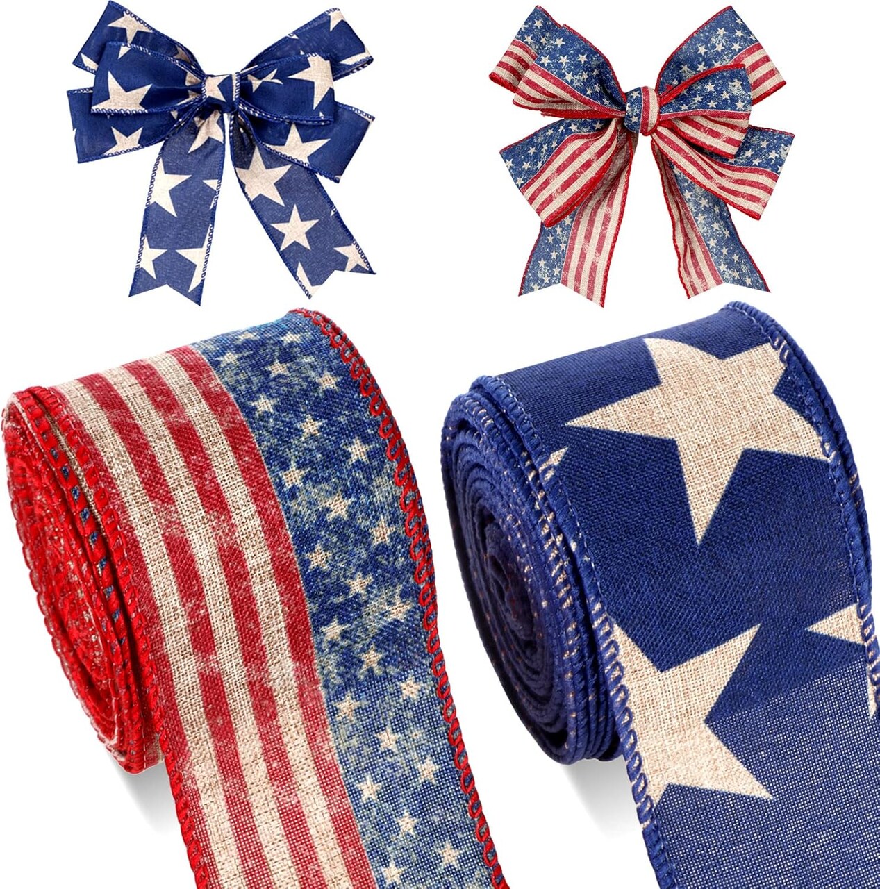 2 Rolls 20 Yard Patriotic Day Ribbon 4th of July Wreath Ribbon Stars and Stripes Vintage Wired Bow Red White Blue American Flag Wreath
